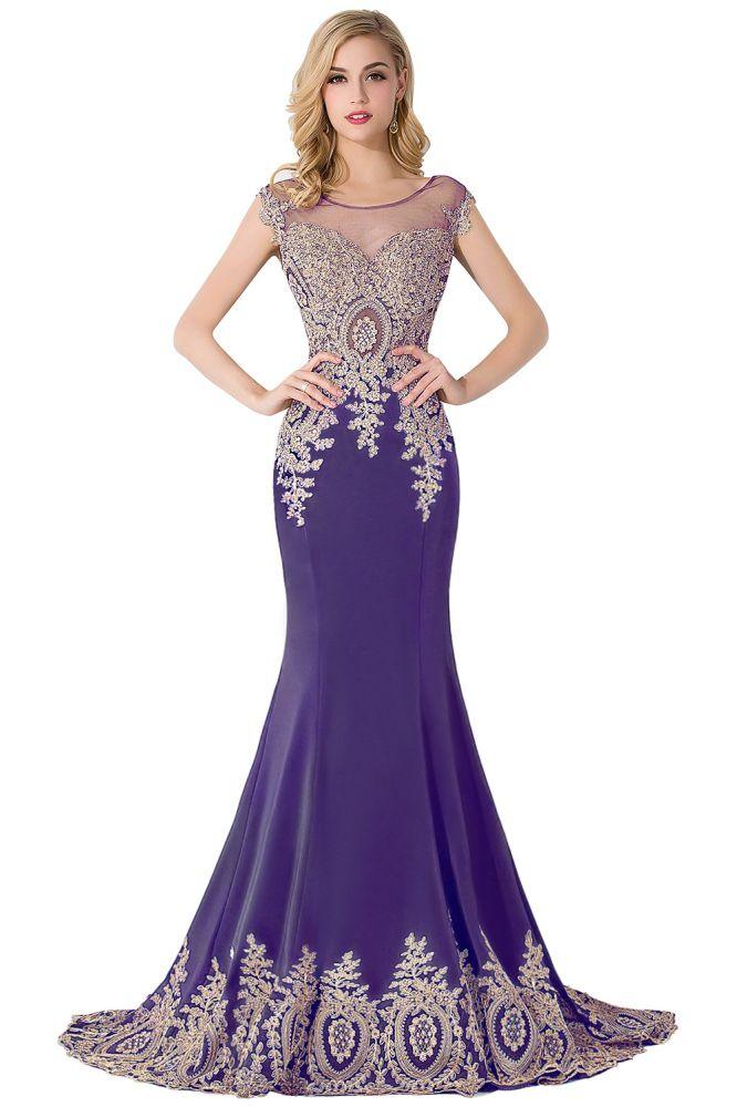 Vestido de noche de gasa con cola de sirena y apliques