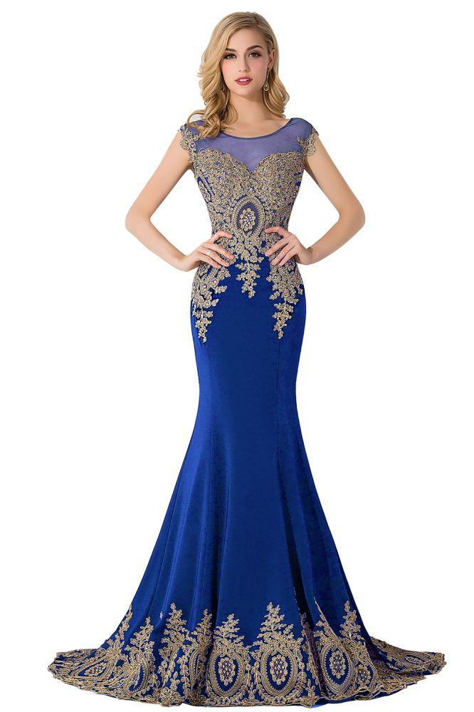 Vestido de noche de gasa con cola de sirena y apliques