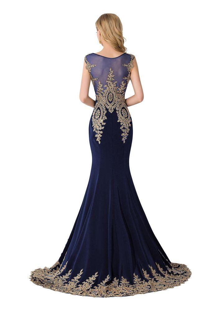 Vestido de noche de gasa con cola de sirena y apliques