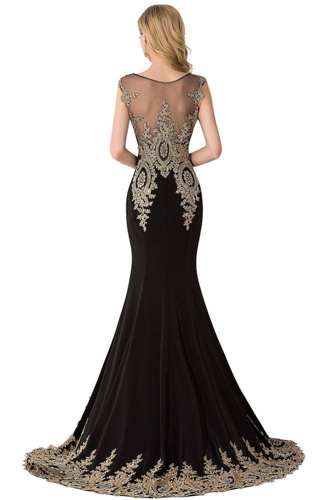 Vestido de noche de gasa con cola de sirena y apliques