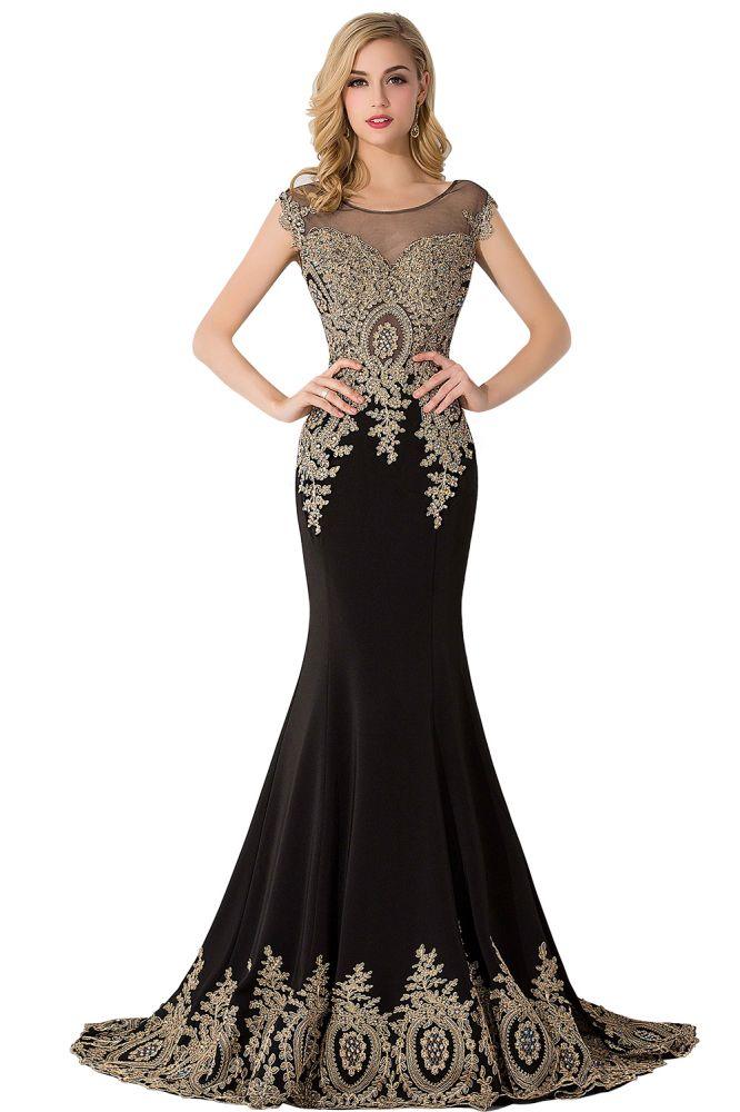 Vestido de noche de gasa con cola de sirena y apliques