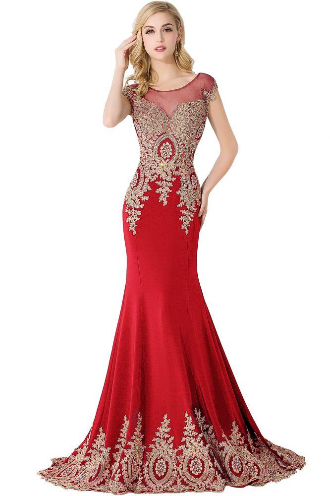 Vestido de noche de gasa con cola de sirena y apliques