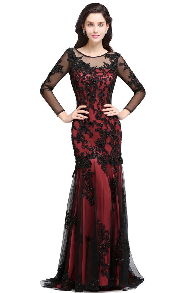 Meerjungfrau-Linie Rundhalsausschnitt Langes Tüll-Abendkleid in Rot mit Perlen