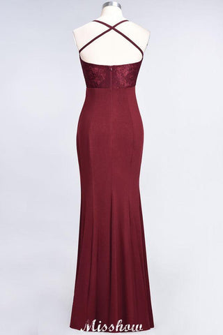 Mermaid spandex Lace Spaghetti-Straps Sleeveless Floor-Length Bridesmaid Dress