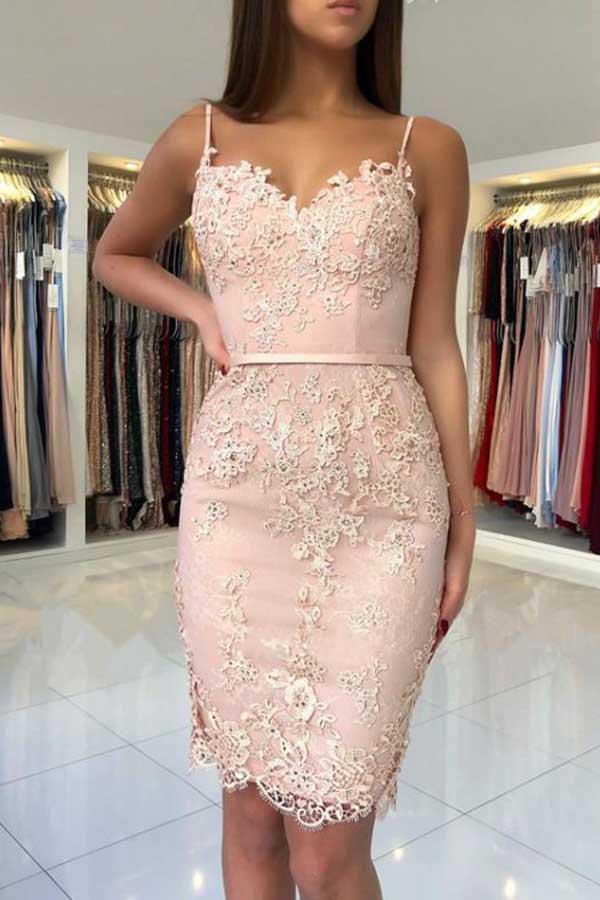 Vestidos de fiesta cortos de encaje con escote corazón y tirantes finos, estilo sirena, para el regreso a casa, PD086