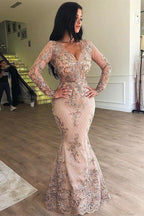 Vestido de fiesta de sirena con escote en V, mangas largas, apliques y falda desmontable 