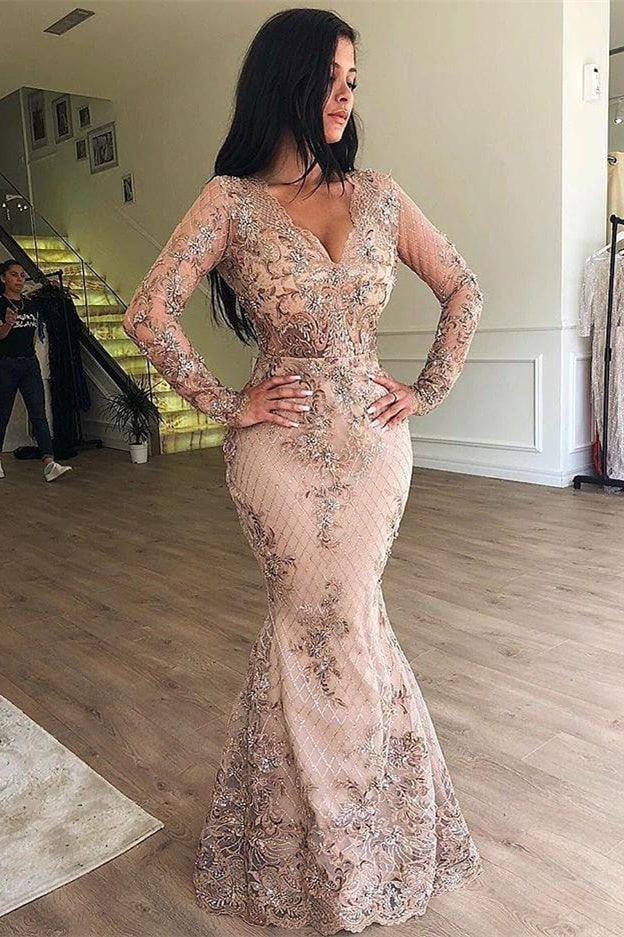 Vestido de fiesta de sirena con escote en V, mangas largas, apliques y falda desmontable 