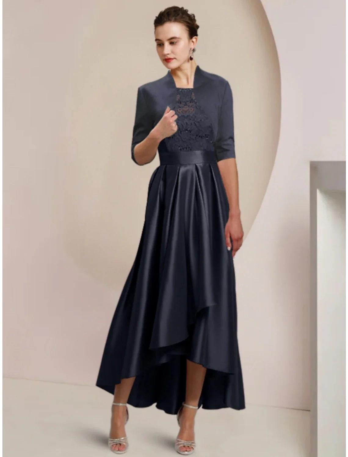 Etuikleid / Säule Kleid für die Brautmutter Hochzeitsgast Minimalistisch Elegant Rundhalsausschnitt Asymmetrisch Knöchellang Satin Spitze Halbarm mit Falten Volltonfarbe