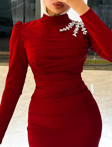 Meerjungfrau/Trompete Abendkleid Elegantes Kleid Weihnachten Sweep/Pinsel Schleppe Langarm Hoher Hals Stretch Chiffon mit Strass gerüscht