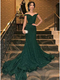 Meerjungfrau/Trompete Abendkleid Glitzerkleid Hochzeitsgast Hofschleppe Kurzarm Schulterfrei Pailletten mit Pailletten Reine Farbe