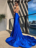 Vestidos de jersey con apliques de trompeta/sirena, sin mangas y con cola larga