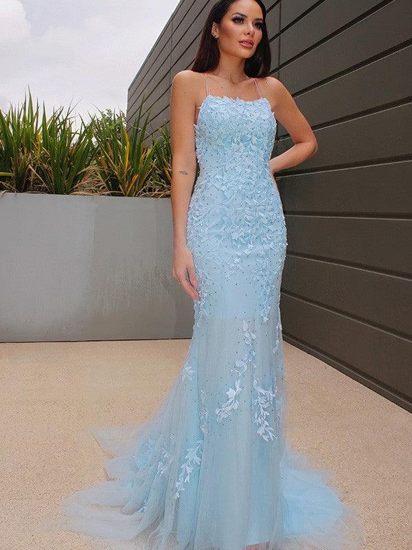 Vestidos de corte sirena/trompeta, sin mangas, con encaje, tul y cola de corte
