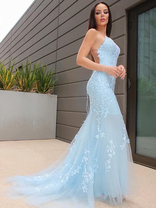 Vestidos de corte sirena/trompeta, sin mangas, con encaje, tul y cola de corte