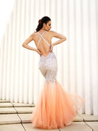 Vestidos de tul con lentejuelas, sin mangas, escote en V y corte trompeta/sirena