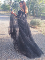Vestidos de tul con encaje, corte trompeta/sirena, mangas largas, hombros descubiertos y cola larga