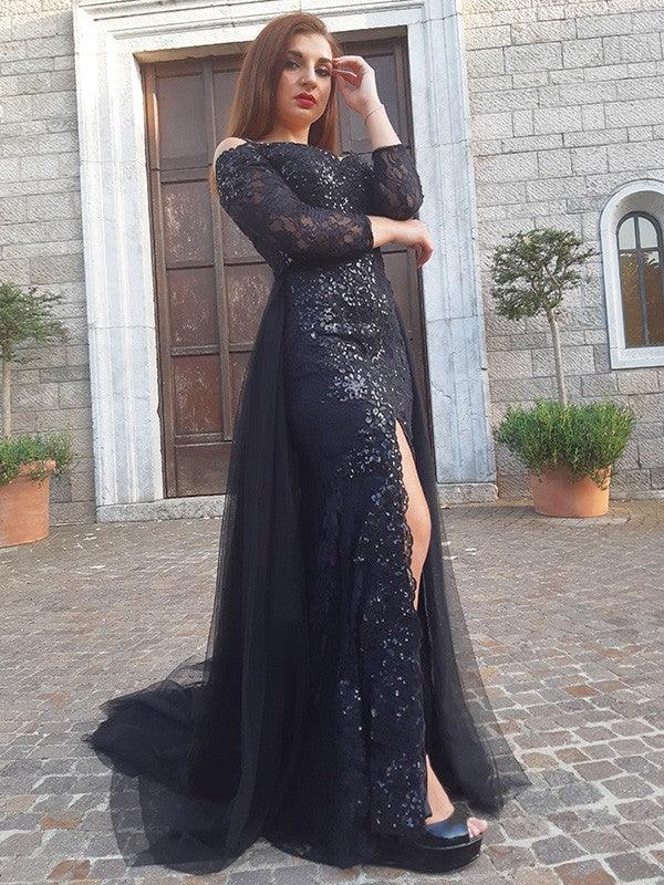 Vestidos de tul con encaje, corte trompeta/sirena, mangas largas, hombros descubiertos y cola larga