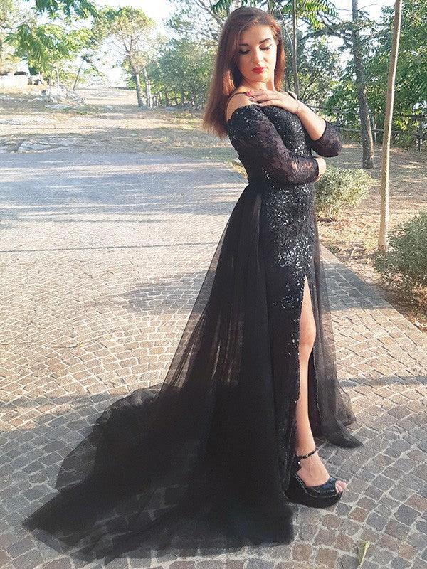 Vestidos de tul con encaje, corte trompeta/sirena, mangas largas, hombros descubiertos y cola larga