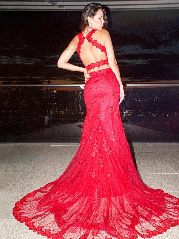 Vestidos de tul con apliques de sirena/trompeta, escote en V, sin mangas y cola larga