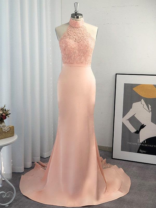 Vestidos de corte trompeta/sirena con cuello halter, sin mangas, de satén y encaje, con cola larga