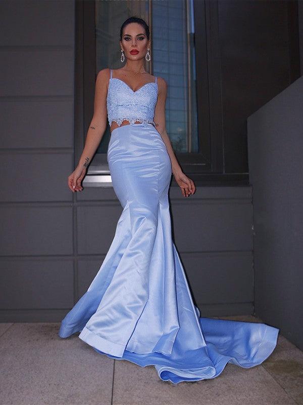 Vestidos de dos piezas con escote en V, sin mangas, corte trompeta/sirena, satén, encaje y cola larga