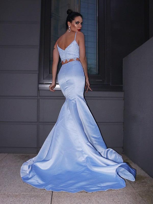 Vestidos de dos piezas con escote en V, sin mangas, corte trompeta/sirena, satén, encaje y cola larga