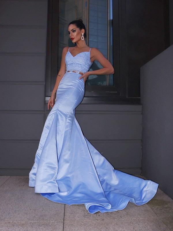 Vestidos de dos piezas con escote en V, sin mangas, corte trompeta/sirena, satén, encaje y cola larga