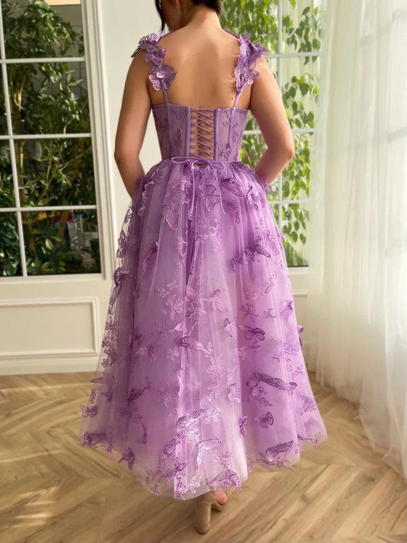 Vestido de fiesta Aline de tul midi con mariposas