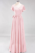 Misshow Elegantes A-Linien-Brautjungfernkleid mit V-Ausschnitt und kurzen Ärmeln, Schleife und Schärpe, bodenlanges Chiffon-Abendkleid