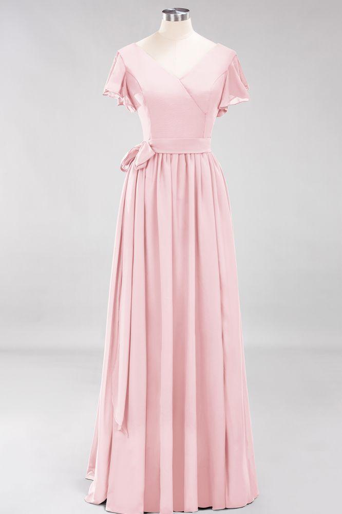 Misshow Elegantes A-Linien-Brautjungfernkleid mit V-Ausschnitt und kurzen Ärmeln, Schleife und Schärpe, bodenlanges Chiffon-Abendkleid
