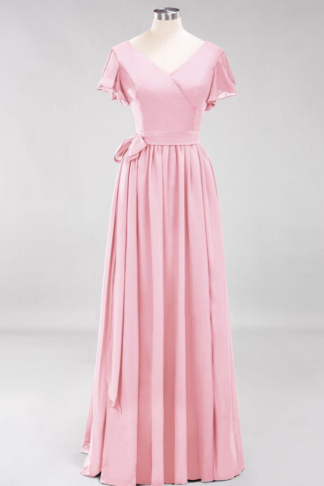 Misshow Elegantes A-Linien-Brautjungfernkleid mit V-Ausschnitt und kurzen Ärmeln, Schleife und Schärpe, bodenlanges Chiffon-Abendkleid