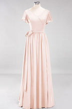 Misshow Elegantes A-Linien-Brautjungfernkleid mit V-Ausschnitt und kurzen Ärmeln, Schleife und Schärpe, bodenlanges Chiffon-Abendkleid