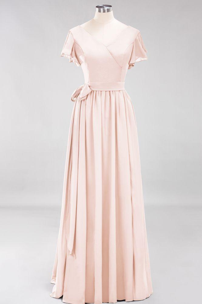 Misshow Elegantes A-Linien-Brautjungfernkleid mit V-Ausschnitt und kurzen Ärmeln, Schleife und Schärpe, bodenlanges Chiffon-Abendkleid