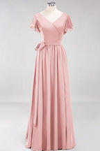 Misshow Elegantes A-Linien-Brautjungfernkleid mit V-Ausschnitt und kurzen Ärmeln, Schleife und Schärpe, bodenlanges Chiffon-Abendkleid