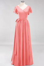 Misshow Elegantes A-Linien-Brautjungfernkleid mit V-Ausschnitt und kurzen Ärmeln, Schleife und Schärpe, bodenlanges Chiffon-Abendkleid