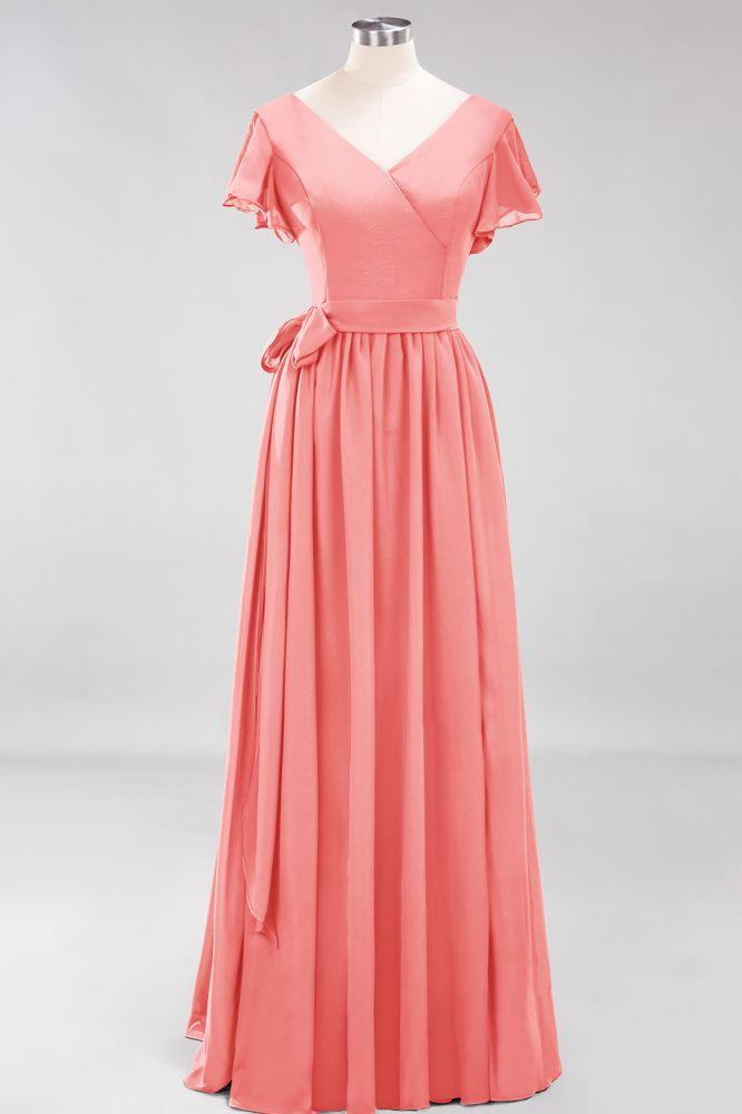 Misshow Elegantes A-Linien-Brautjungfernkleid mit V-Ausschnitt und kurzen Ärmeln, Schleife und Schärpe, bodenlanges Chiffon-Abendkleid