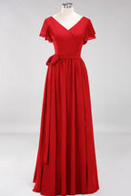 Misshow Elegantes A-Linien-Brautjungfernkleid mit V-Ausschnitt und kurzen Ärmeln, Schleife und Schärpe, bodenlanges Chiffon-Abendkleid