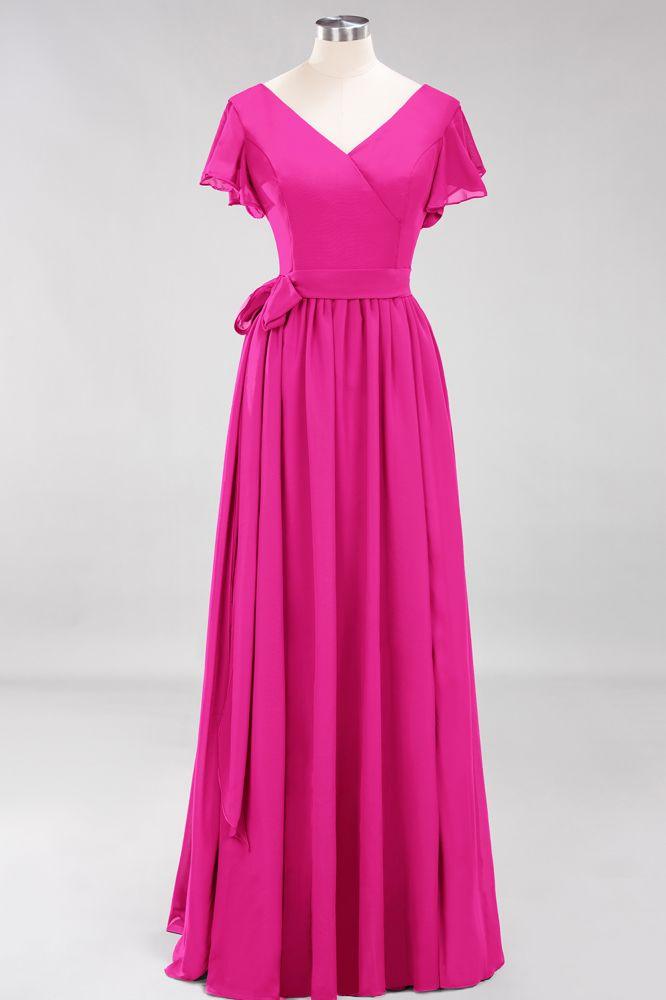 Misshow Elegantes A-Linien-Brautjungfernkleid mit V-Ausschnitt und kurzen Ärmeln, Schleife und Schärpe, bodenlanges Chiffon-Abendkleid