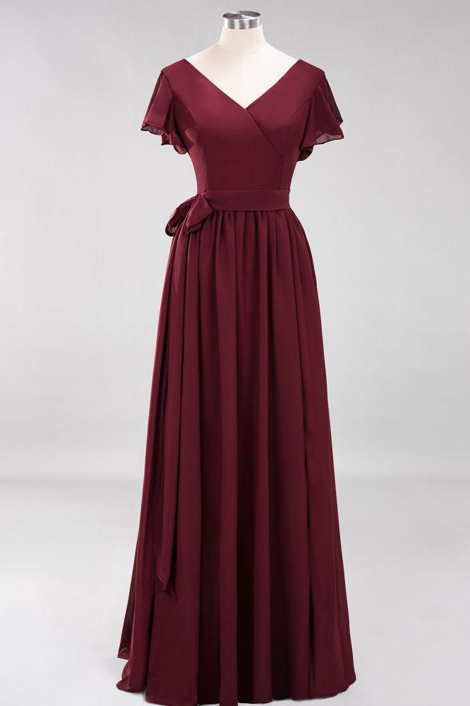 Misshow Elegantes A-Linien-Brautjungfernkleid mit V-Ausschnitt und kurzen Ärmeln, Schleife und Schärpe, bodenlanges Chiffon-Abendkleid