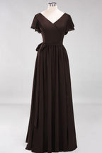 Misshow Elegantes A-Linien-Brautjungfernkleid mit V-Ausschnitt und kurzen Ärmeln, Schleife und Schärpe, bodenlanges Chiffon-Abendkleid