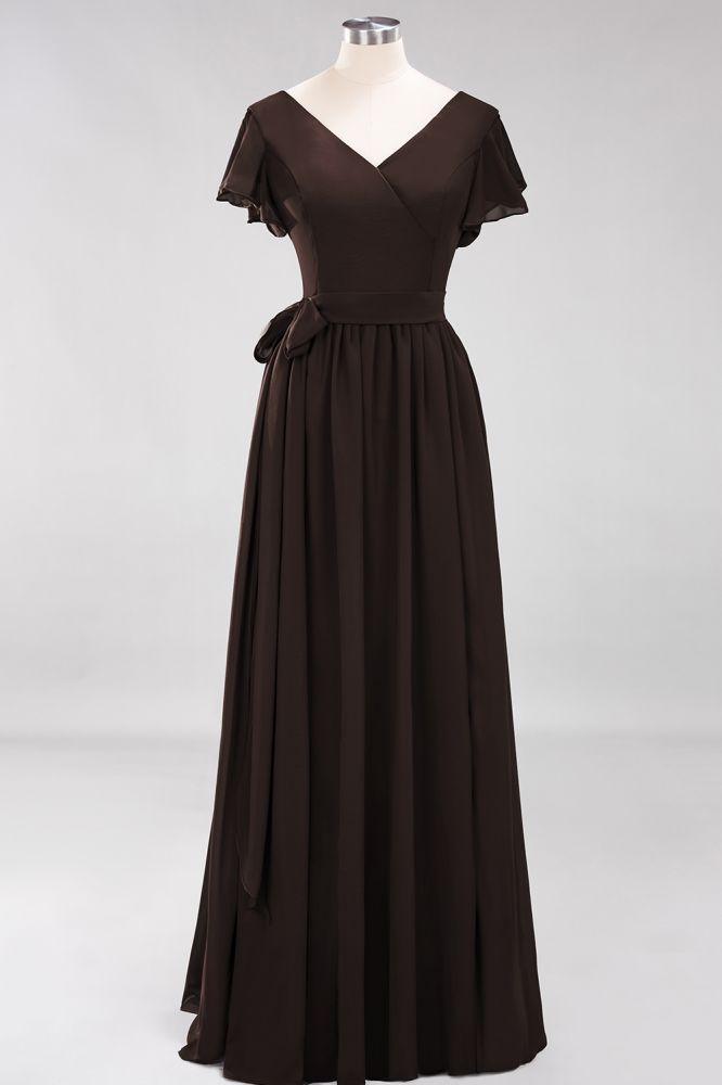 Misshow Elegantes A-Linien-Brautjungfernkleid mit V-Ausschnitt und kurzen Ärmeln, Schleife und Schärpe, bodenlanges Chiffon-Abendkleid