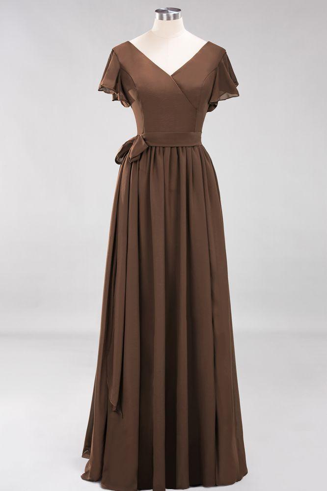 Misshow Elegantes A-Linien-Brautjungfernkleid mit V-Ausschnitt und kurzen Ärmeln, Schleife und Schärpe, bodenlanges Chiffon-Abendkleid