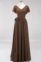 Misshow Elegantes A-Linien-Brautjungfernkleid mit V-Ausschnitt und kurzen Ärmeln, Schleife und Schärpe, bodenlanges Chiffon-Abendkleid