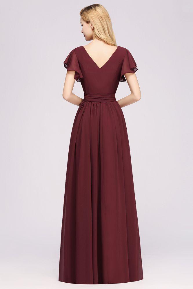 Misshow Elegantes A-Linien-Brautjungfernkleid mit V-Ausschnitt und kurzen Ärmeln, Schleife und Schärpe, bodenlanges Chiffon-Abendkleid
