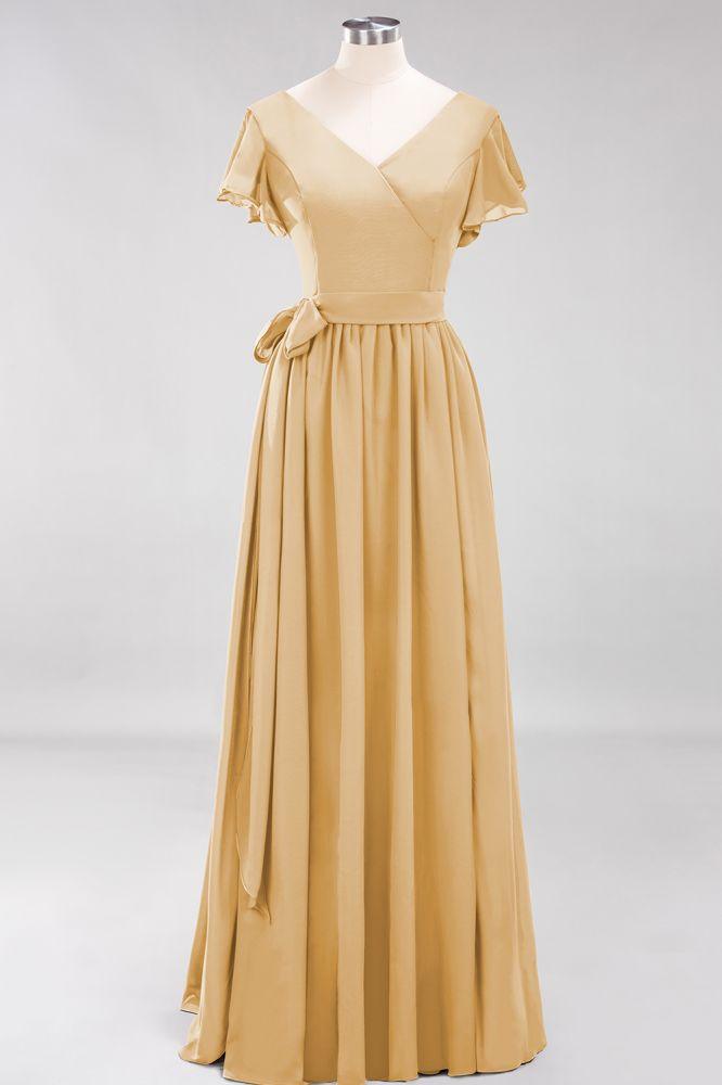 Misshow Elegantes A-Linien-Brautjungfernkleid mit V-Ausschnitt und kurzen Ärmeln, Schleife und Schärpe, bodenlanges Chiffon-Abendkleid