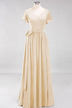 Misshow Elegantes A-Linien-Brautjungfernkleid mit V-Ausschnitt und kurzen Ärmeln, Schleife und Schärpe, bodenlanges Chiffon-Abendkleid