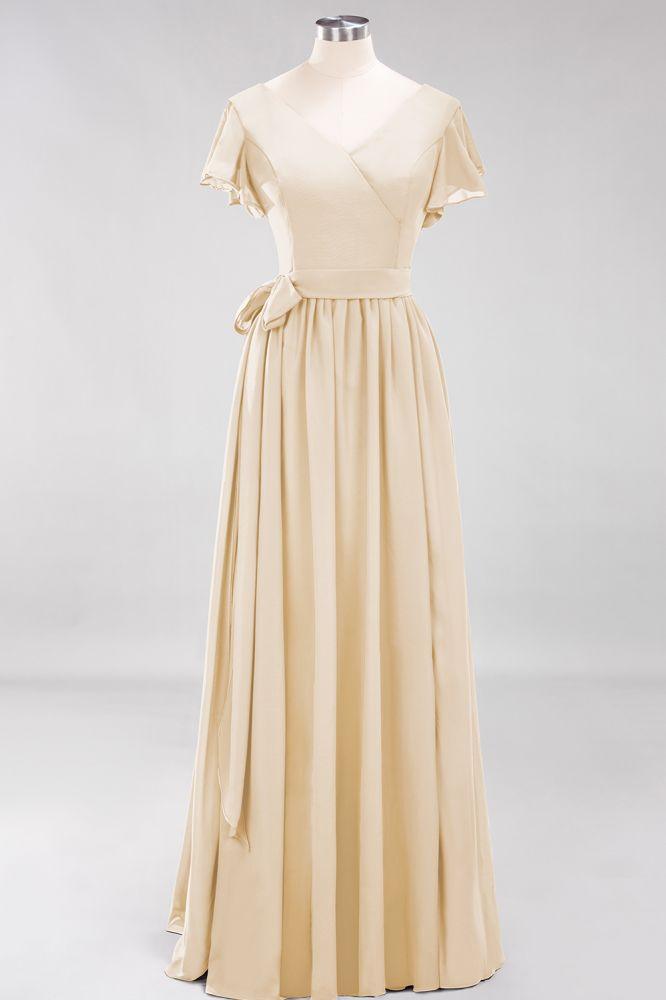 Misshow Elegantes A-Linien-Brautjungfernkleid mit V-Ausschnitt und kurzen Ärmeln, Schleife und Schärpe, bodenlanges Chiffon-Abendkleid