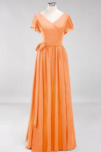 Misshow Elegantes A-Linien-Brautjungfernkleid mit V-Ausschnitt und kurzen Ärmeln, Schleife und Schärpe, bodenlanges Chiffon-Abendkleid