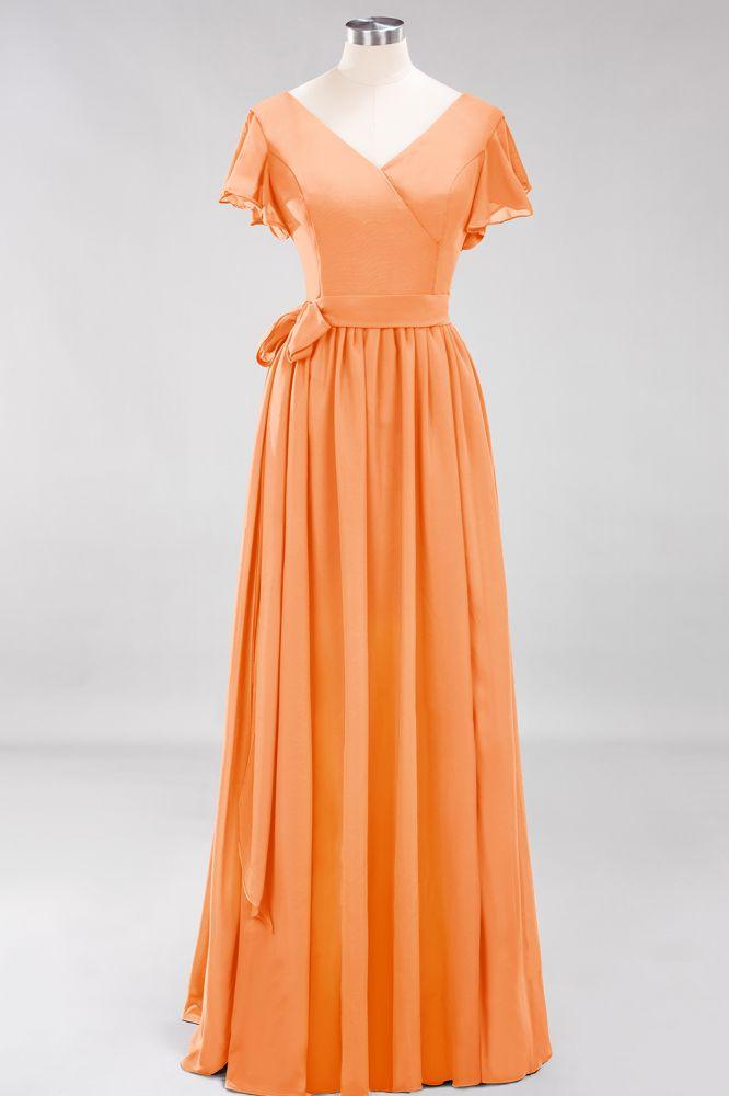 Misshow Elegantes A-Linien-Brautjungfernkleid mit V-Ausschnitt und kurzen Ärmeln, Schleife und Schärpe, bodenlanges Chiffon-Abendkleid