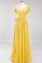 Misshow Elegantes A-Linien-Brautjungfernkleid mit V-Ausschnitt und kurzen Ärmeln, Schleife und Schärpe, bodenlanges Chiffon-Abendkleid