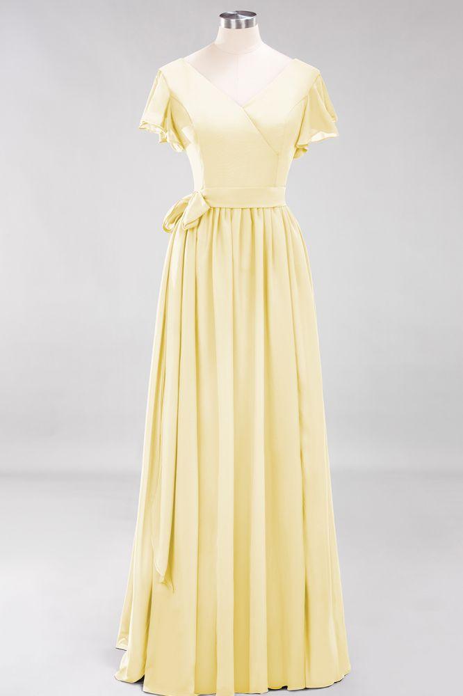 Misshow Elegantes A-Linien-Brautjungfernkleid mit V-Ausschnitt und kurzen Ärmeln, Schleife und Schärpe, bodenlanges Chiffon-Abendkleid